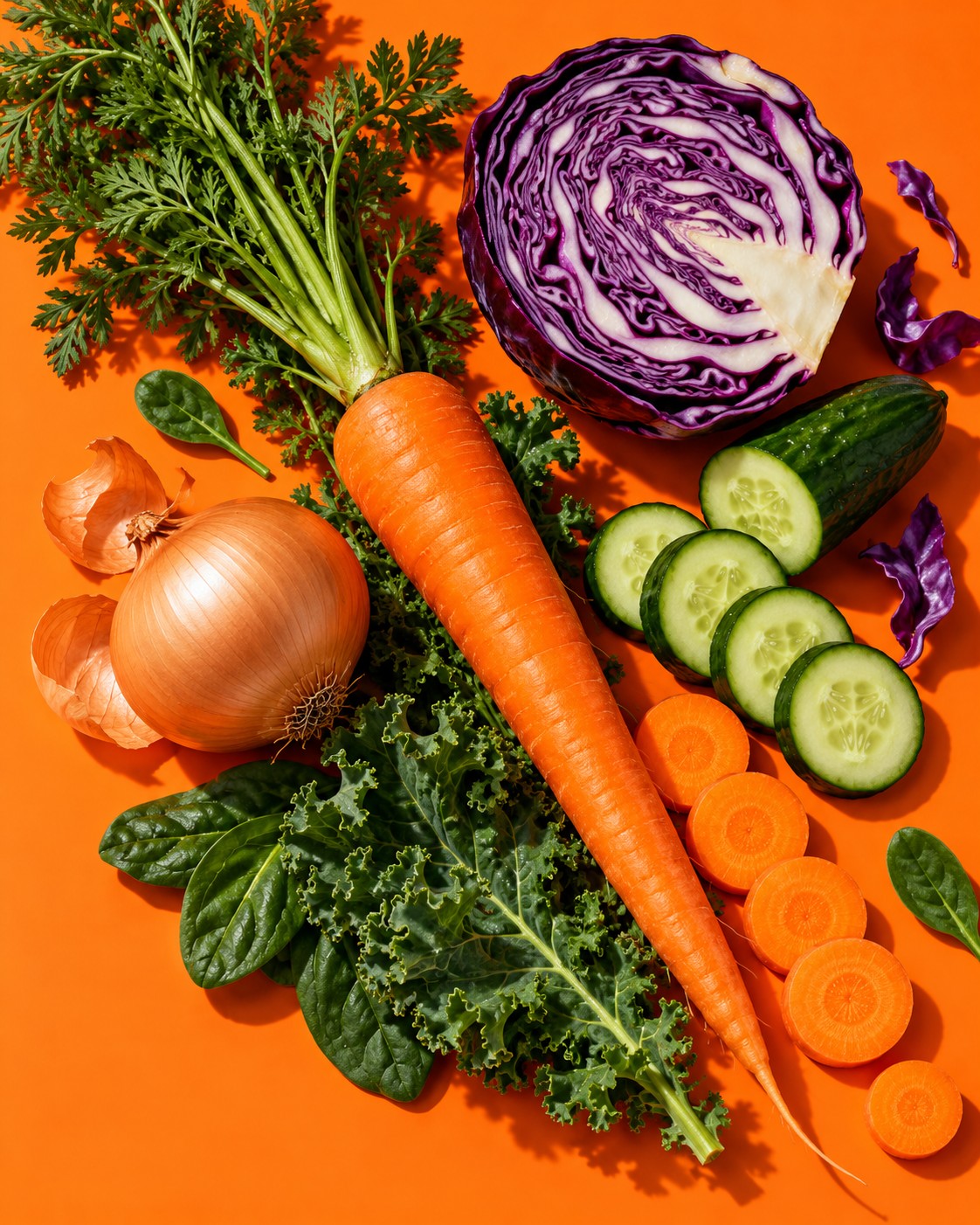 Colourful fresh vegetables and prepared slices on an orange background
